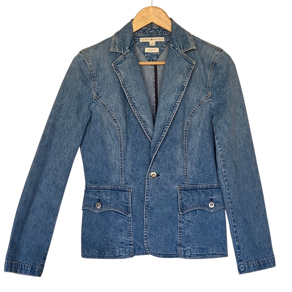 Vintage Tommy Hilfiger Womens Y2K Fitted Denim Blazer Jacket Size 6 Stretch